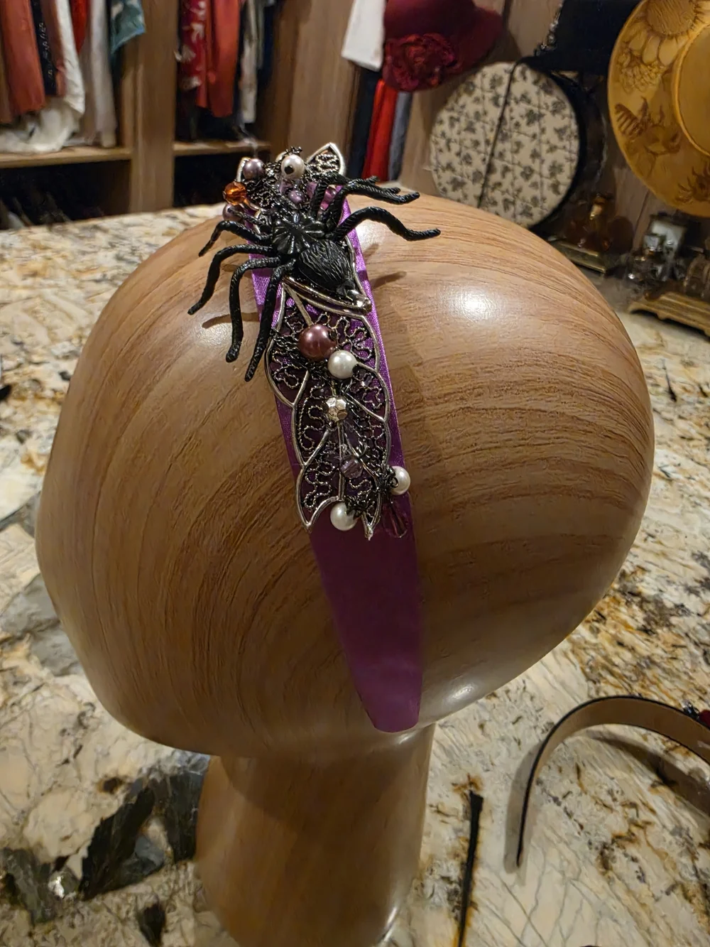 Purple Satin Headband with Decorative Spider and Bead Accents